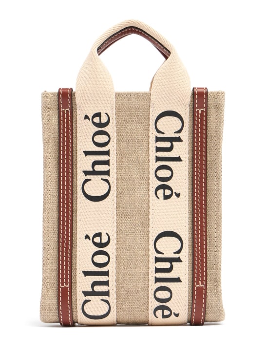 Chloé: Medium Woody linen canvas bag - White - Brown 1 - women_0 | Luisa Via Roma