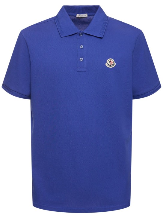 Moncler: Polo en coton avec patch logo - Bleu - men_0 | Luisa Via Roma