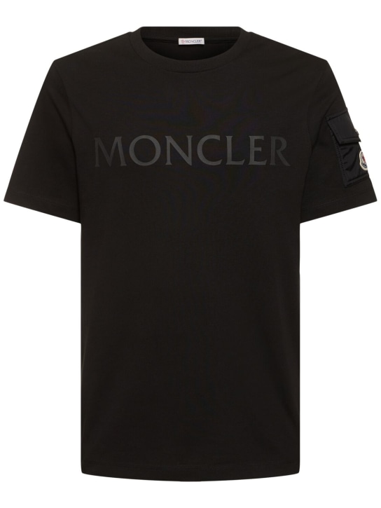 Moncler: Laminated logo cotton t-shirt - Black - men_0 | Luisa Via Roma