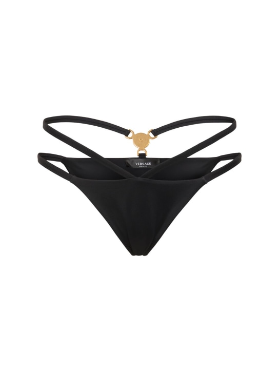 Versace: Lycra logo double strap bikini bottom - Black - women_0 | Luisa Via Roma