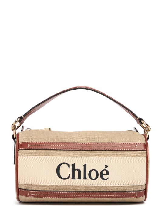 Chloé: Woody linen & leather shoulder bag - White - Brown 1 - women_0 | Luisa Via Roma