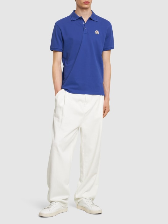 Moncler: Logo patch cotton polo shirt - Blue - men_1 | Luisa Via Roma