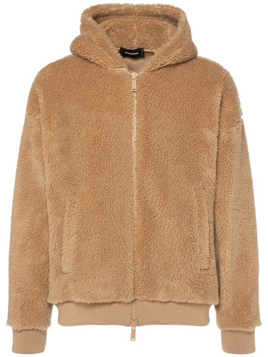 Dsquared2: Relax fit zipped teddy hoodie - Camel - men_0 | Luisa Via Roma