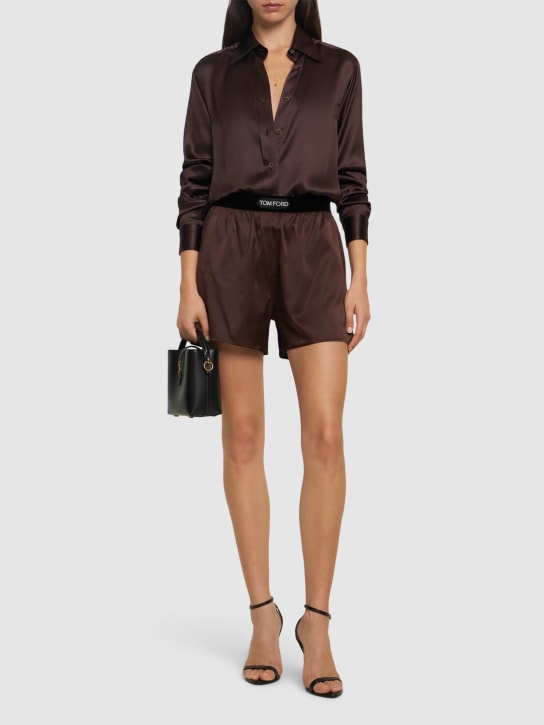 Tom Ford: Logo silk satin mini shorts - Brown - women_1 | Luisa Via Roma
