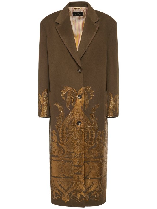 Etro: 羊毛&羊绒印花长款大衣 - 棕色/金色 - women_0 | Luisa Via Roma