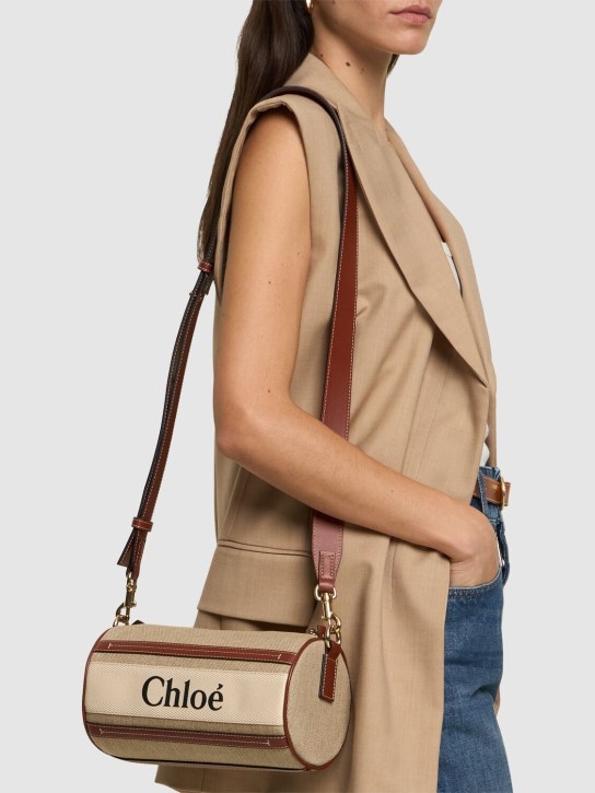 Chloé: Woody linen & leather shoulder bag - White - Brown 1 - women_1 | Luisa Via Roma