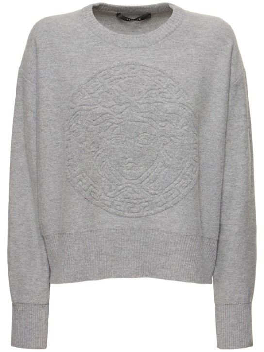 Versace: Knit sweater w/ medusa logo - Grey - women_0 | Luisa Via Roma