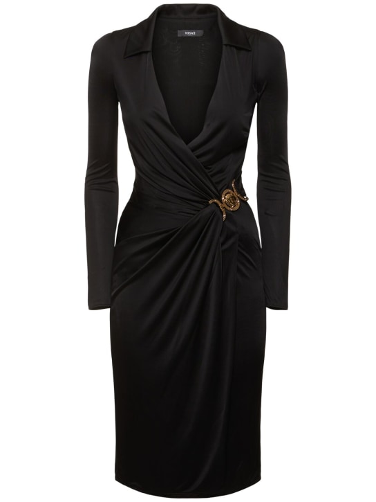 Versace: Stretch crepe jersey wrap midi dress - Black - women_0 | Luisa Via Roma