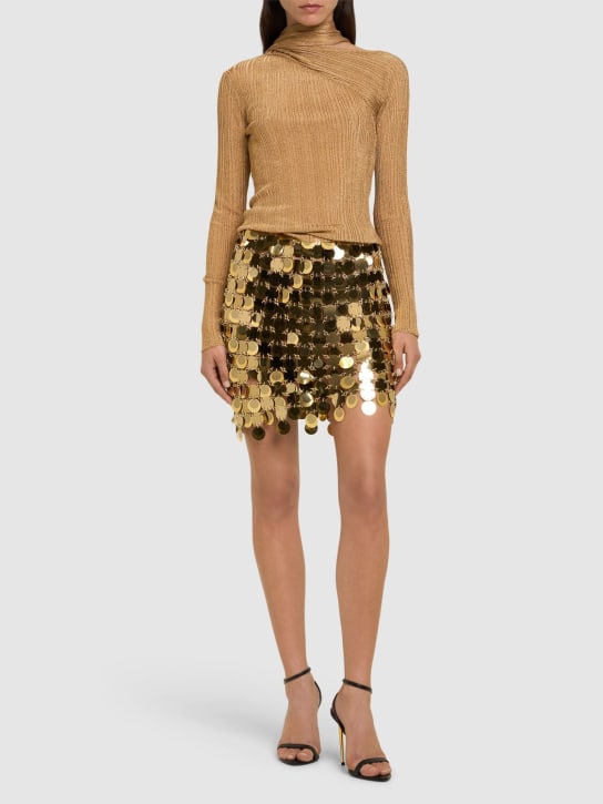 Rabanne: Round sequined mesh mini skirt - Gold - women_1 | Luisa Via Roma