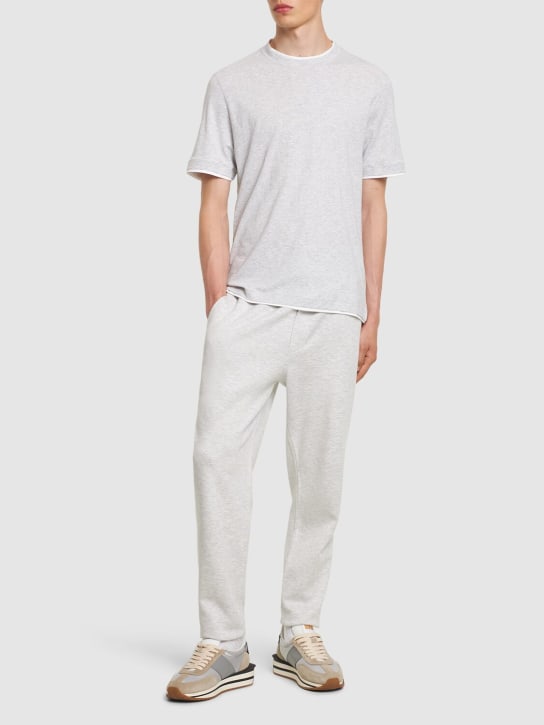 Brunello Cucinelli: Layered cotton jersey solid t-shirt - Light Grey - men_1 | Luisa Via Roma