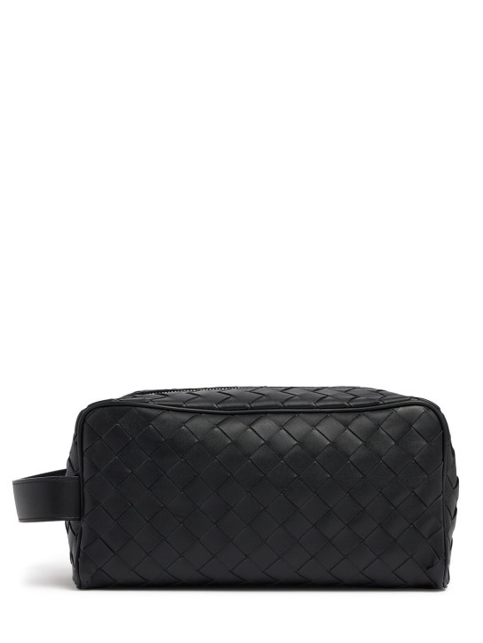 Bottega Veneta: Intrecciato travel leather pouch - Black - men_0 | Luisa Via Roma