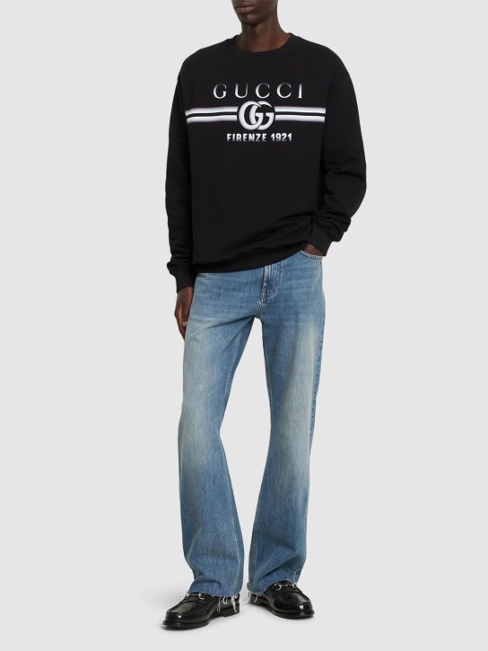Gucci: Sweat-shirt en coton feutré léger à logo - Noir - men_1 | Luisa Via Roma