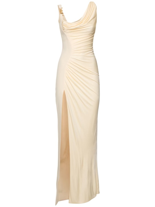 Versace: Side slit jersey maxi dress - Beyaz - women_0 | Luisa Via Roma