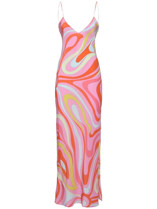 Pucci: Printed silk crepe long dress - Pink/Orange - women_0 | Luisa Via Roma