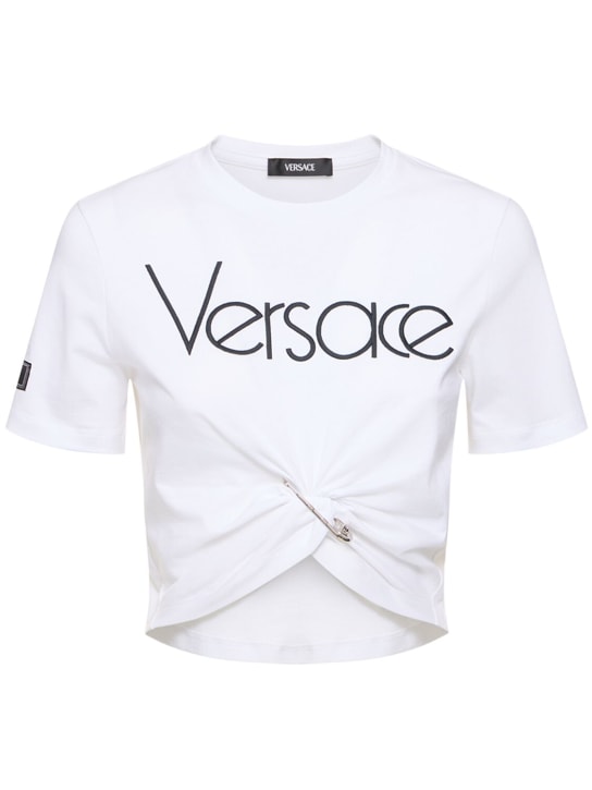 Versace: Logo jersey t-shirt - Beyaz - women_0 | Luisa Via Roma