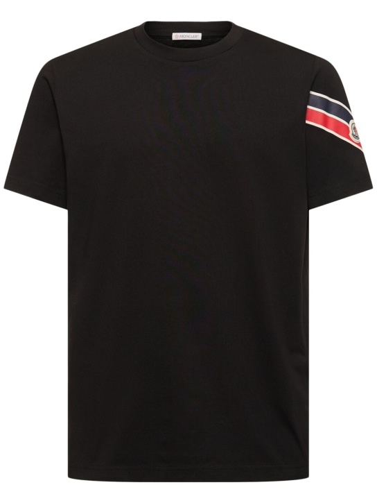 Moncler: T-Shirt aus Baumwolljersey mit Tricolor-Druck - Schwarz - men_0 | Luisa Via Roma