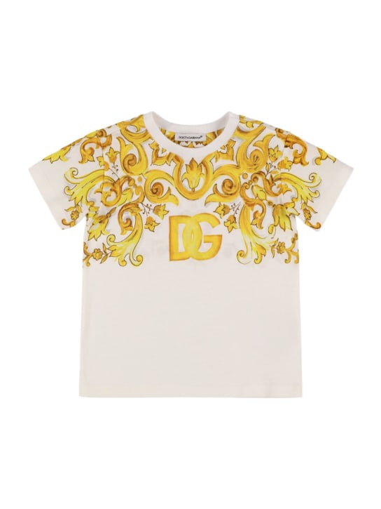Dolce&Gabbana: Maiolica print cotton jersey t-shirt - Beyaz/Sarı - kids-girls_0 | Luisa Via Roma