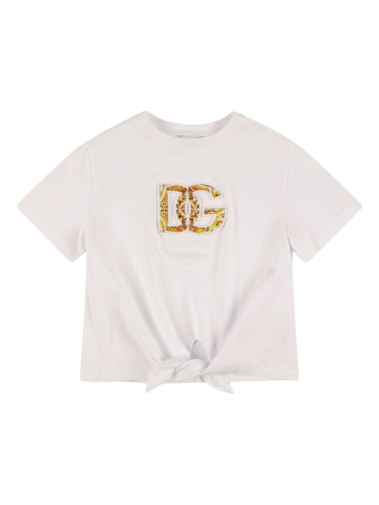Dolce&Gabbana: Logo印花棉质平纹针织T恤 - 白色 - kids-girls_0 | Luisa Via Roma