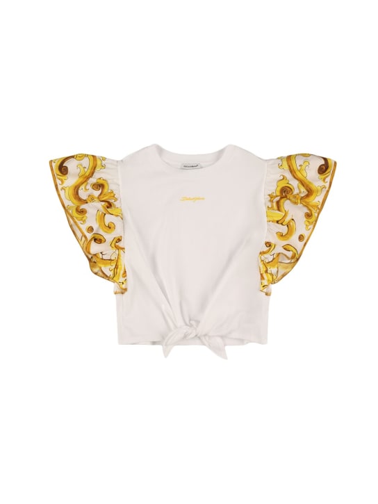 Dolce&Gabbana: T-shirt en jersey de coton imprimé Maiolica - Blanc/Jaune - kids-girls_0 | Luisa Via Roma
