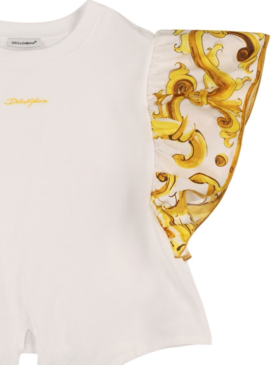 Dolce&Gabbana: Maiolica印花棉质平纹针织T恤 - 白色/黄色 - kids-girls_1 | Luisa Via Roma