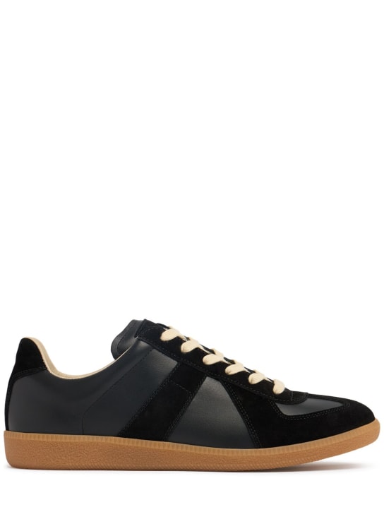 Maison Margiela: Replica leather & suede low top sneakers - Black - men_0 | Luisa Via Roma