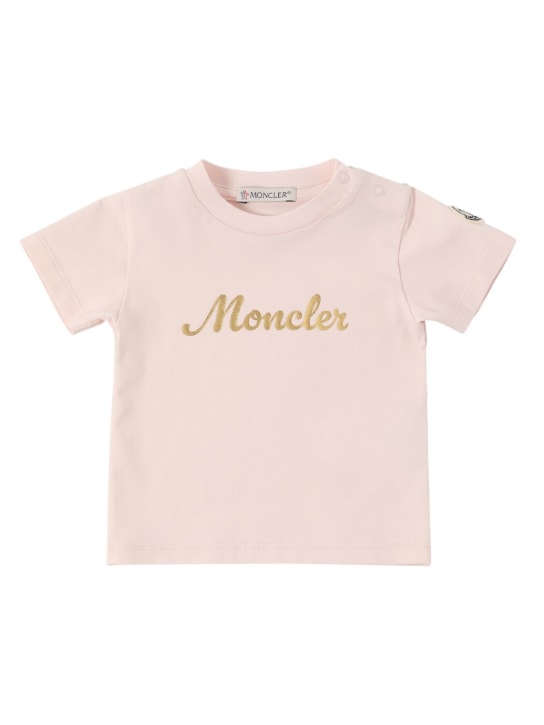 Moncler: Printed logo stretch cotton t-shirt - ピンク - kids-boys_0 | Luisa Via Roma
