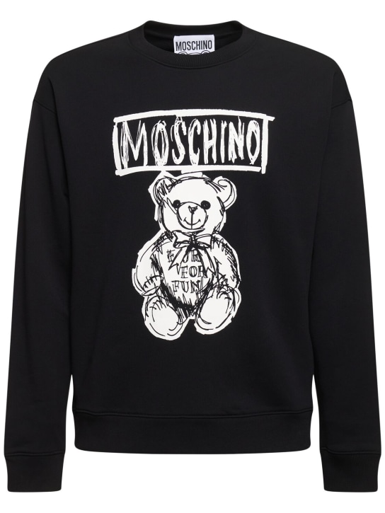 Moschino: Teddy print cotton crewneck sweatshirt - Black/White - men_0 | Luisa Via Roma