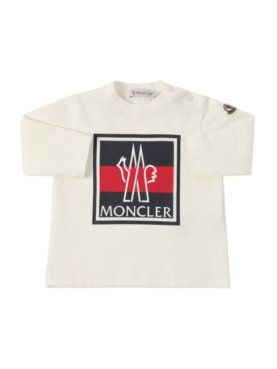 Moncler: T-shirt manches longues en coton stretch à logo - Silk White - kids-boys_0 | Luisa Via Roma