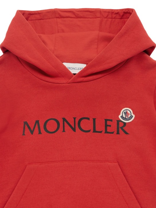 Moncler: Logo cotton hoodie - Corallo - kids-boys_1 | Luisa Via Roma
