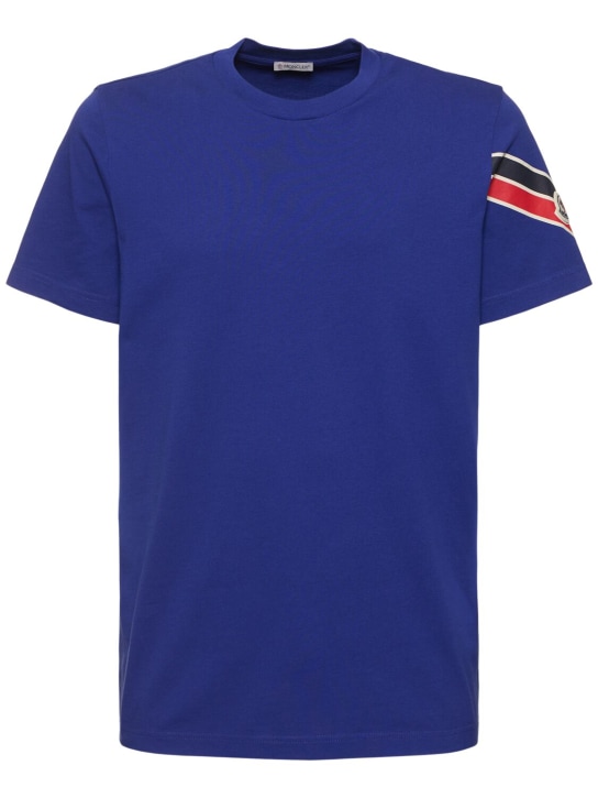 Moncler: Camiseta de algodón estampado - Azul Marino - men_0 | Luisa Via Roma
