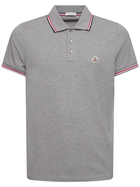 Moncler: Logo patch cotton polo shirt - Light Grey - men_0 | Luisa Via Roma