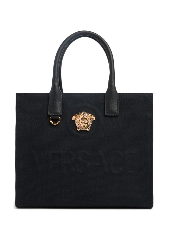 Versace: Kleine Tragetasche aus Canvas „Medusa“ - 1b00v-black-ver - women_0 | Luisa Via Roma