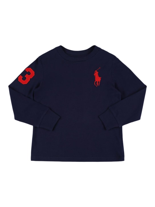 Polo Ralph Lauren: T-shirt en jersey de coton à manches longues - Bleu Marine - kids-boys_0 | Luisa Via Roma