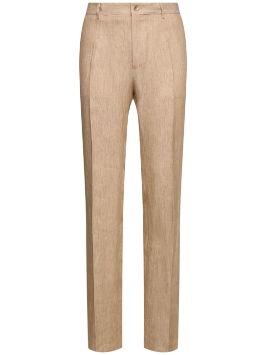 Dolce&Gabbana: Flat front wide leg linen pants - Hazelnut - men_0 | Luisa Via Roma