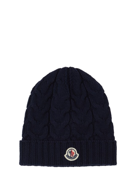Moncler: Cable knit virgin wool beanie - Midnight Blue - kids-boys_0 | Luisa Via Roma