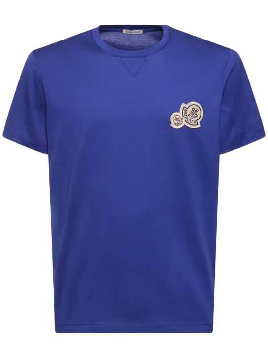 Moncler: T-shirt en coton à double logo - Bleu - men_0 | Luisa Via Roma