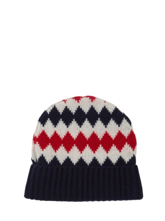 Moncler: Carded virgin wool beanie - Blue/Multi - kids-boys_0 | Luisa Via Roma