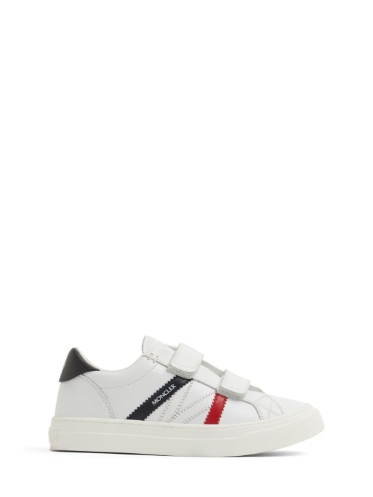 Moncler: Petit Monaco leather sneakers - Red/White/Blue - kids-boys_0 | Luisa Via Roma