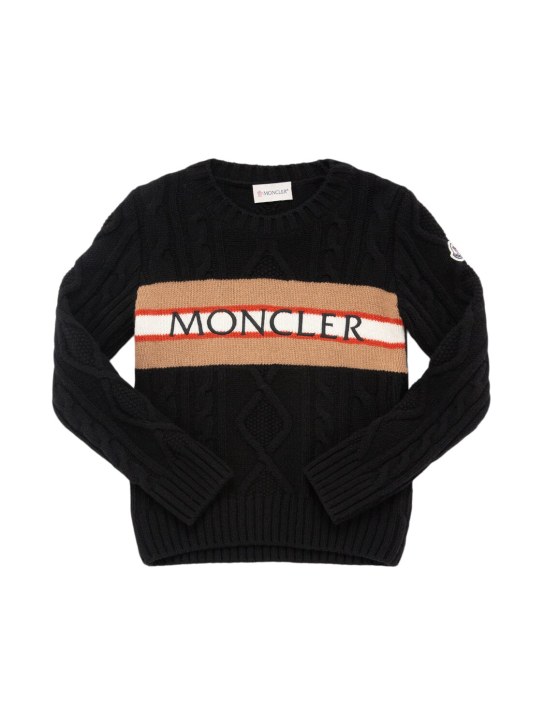 Moncler: Logo carded virgin wool knit sweater - Black - kids-boys_0 | Luisa Via Roma