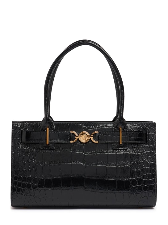 Versace: Medium croc embossed leather tote bag - Black-ver - women_0 | Luisa Via Roma