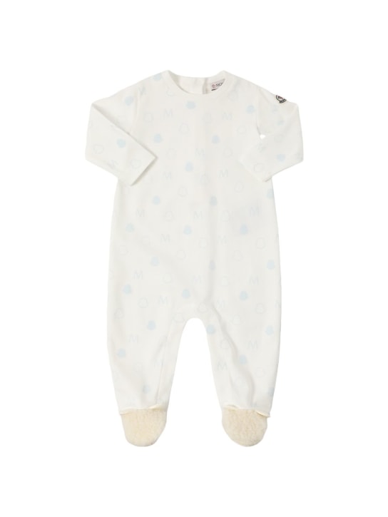 Moncler: Logo all over cotton romper and hat - Azul Oscuro - kids-boys_1 | Luisa Via Roma