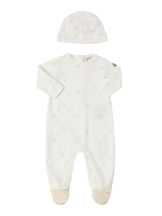 Moncler: Logo all over cotton romper and hat - ダークブルー - kids-boys_0 | Luisa Via Roma
