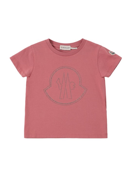 Moncler: T-shirt in cotone con logo di cristalli - kids-girls_0 | Luisa Via Roma