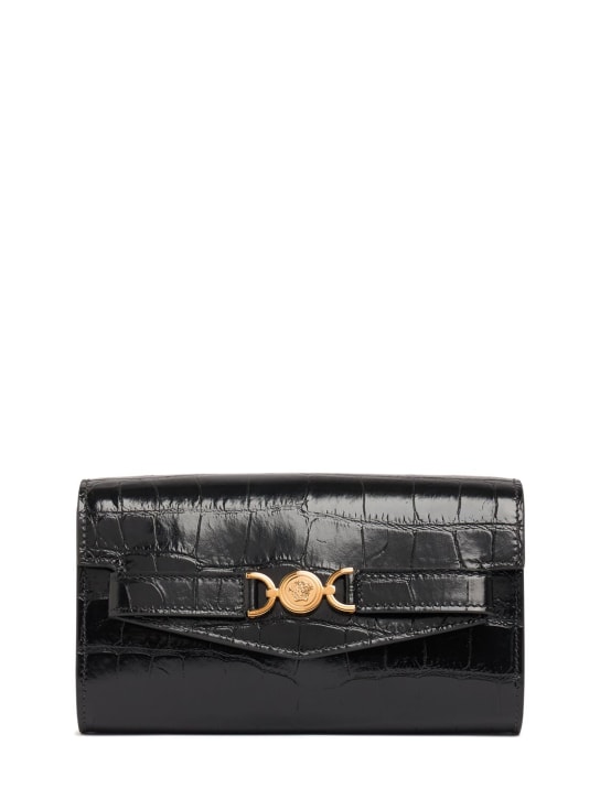 Versace: Mini croc embossed leather clutch - Black-ver - women_0 | Luisa Via Roma
