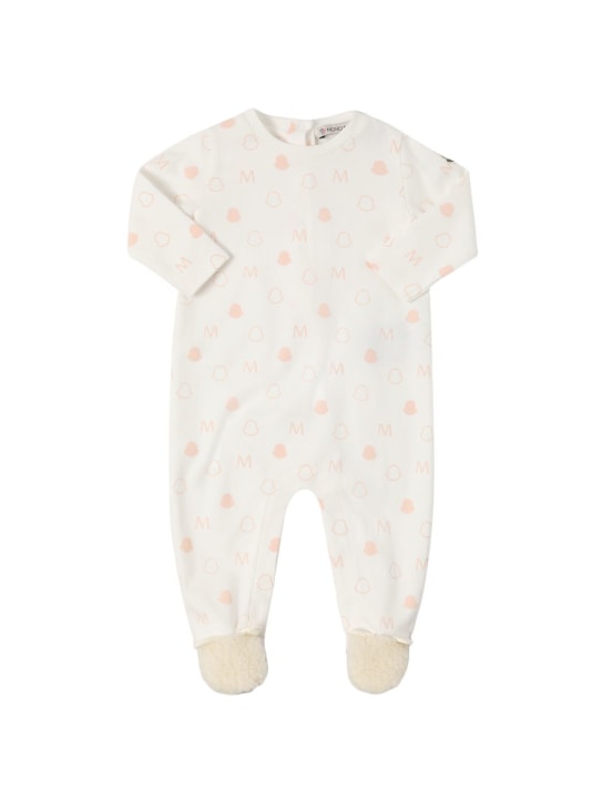Moncler: Logo all over cotton romper and hat - White/Pink - kids-girls_1 | Luisa Via Roma