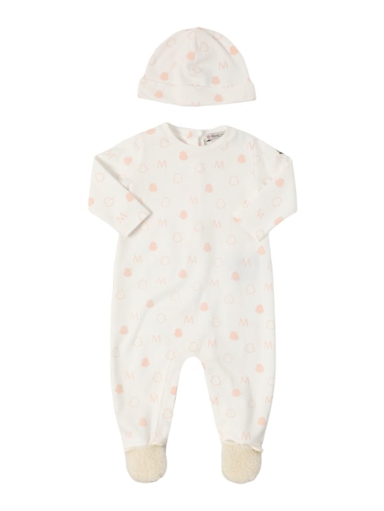 Moncler: Logo all over cotton romper and hat - Weiß/Rosa - kids-girls_0 | Luisa Via Roma