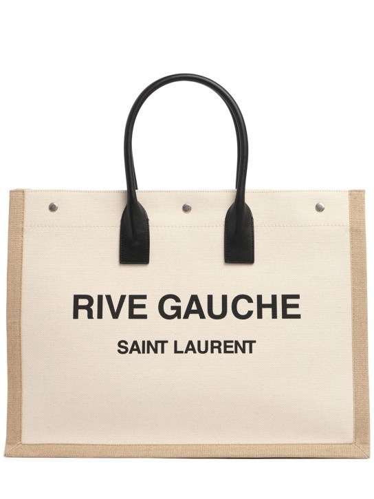 Saint Laurent: Sac cabas en cuir et toile imprimé Rive Gauche - Blanc Cassé - men_0 | Luisa Via Roma
