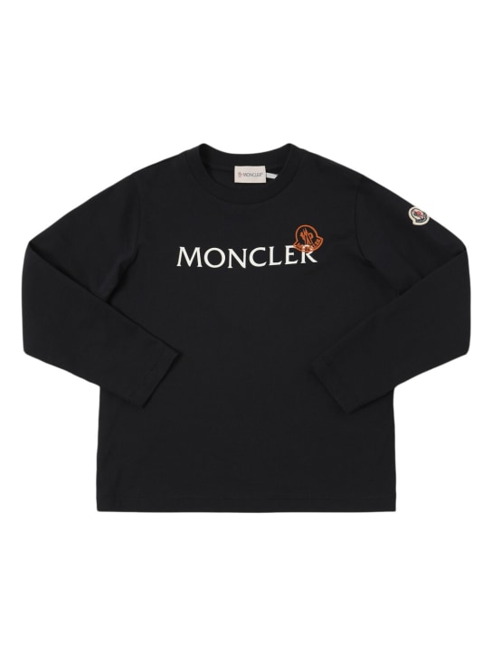 Moncler: Langärmeliges T-Shirt aus Baumwolle mit Logodruck - Nachtblau - kids-boys_0 | Luisa Via Roma