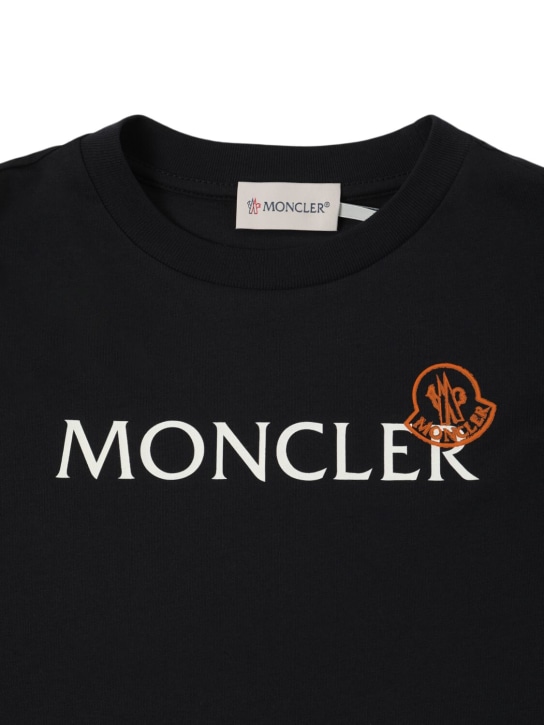 Moncler: Logo棉质长袖T恤 - 午夜蓝 - kids-boys_1 | Luisa Via Roma