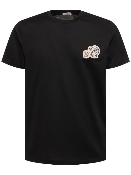 Moncler: ダブルロゴコットンTシャツ - ブラック - men_0 | Luisa Via Roma
